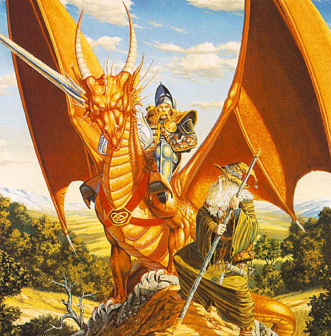knight, wizard, and dragon